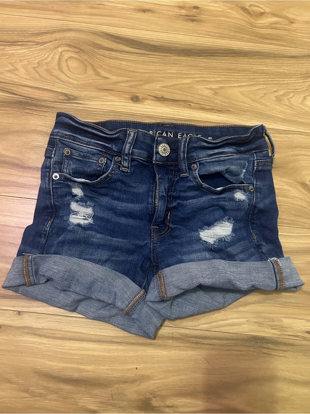 American Eagle Outfitters Navy Blue Distressed Rolled Cuff Denim Shorts